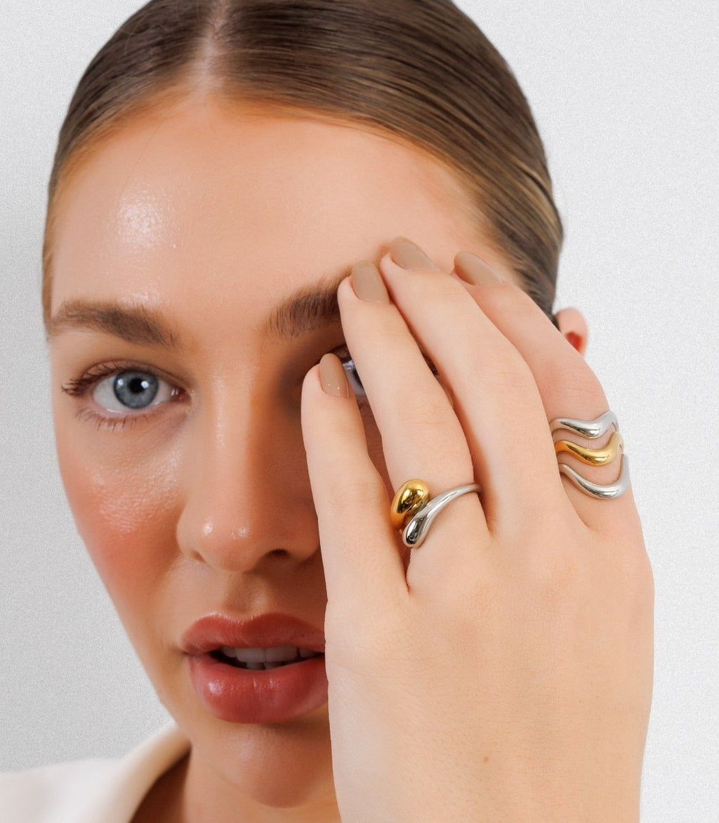 Adjustable Waves Ring with Mixed Gold and Silver Finishes