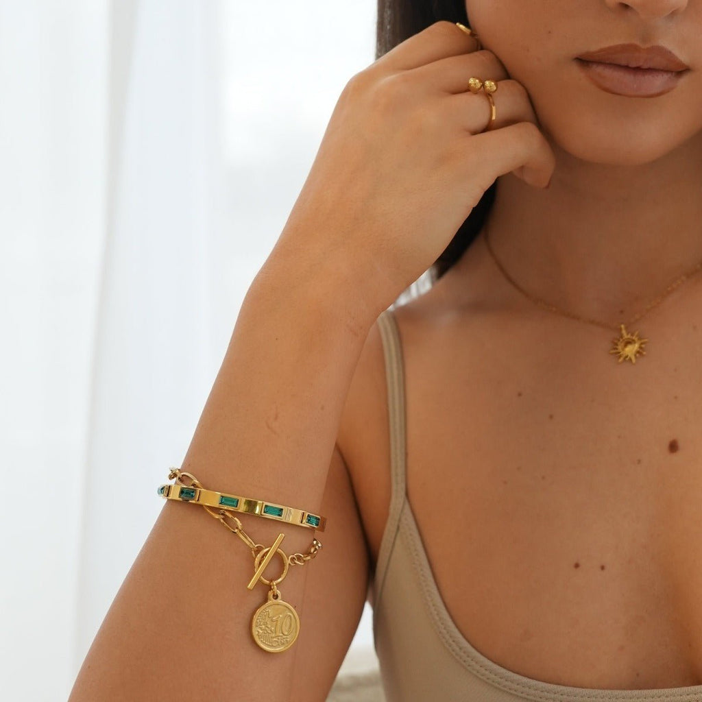 Green Navette Crystal Bracelet Plated in 18K Gold