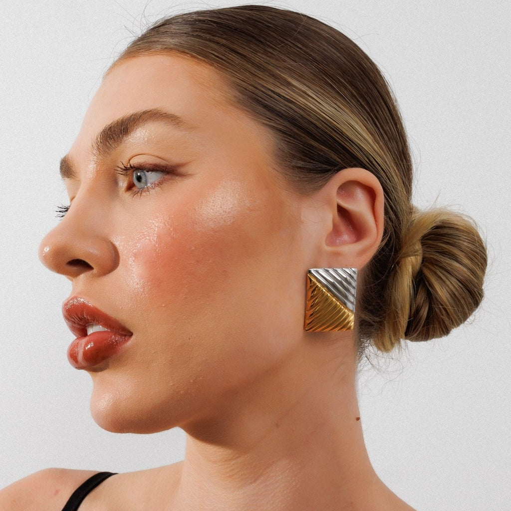Dual Square Earring with a Mix of Gold and Silver Finishes
