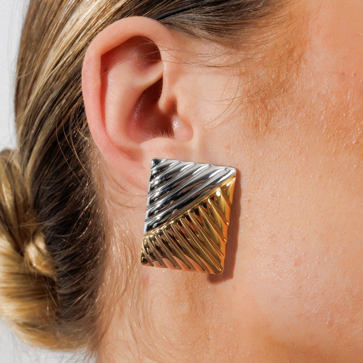 Dual Square Earring with a Mix of Gold and Silver Finishes