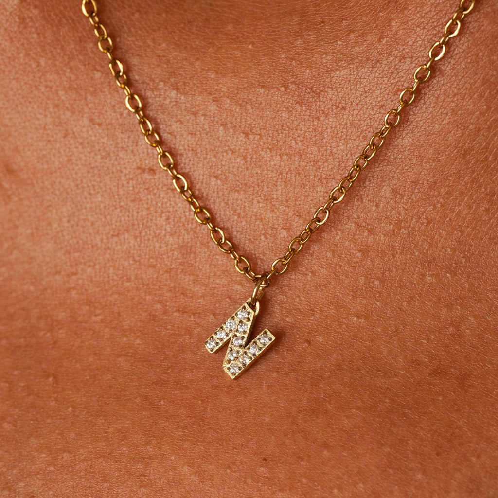 Initial Letter Stone Necklace Plated in 18K Gold