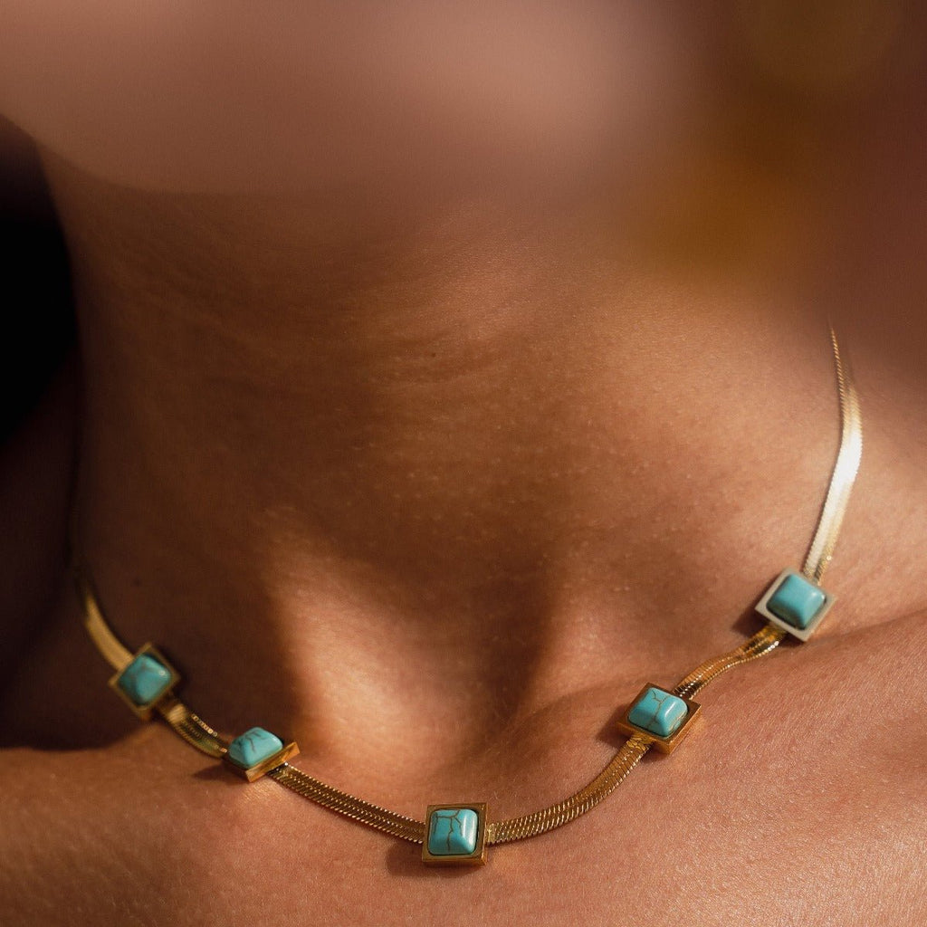 Aqua Stone Mesh Necklace Gold Plated in 18K