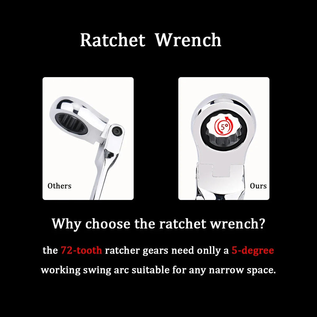 72-Tooth Ratchet Spanner — Flexible Head Wrench, 6–27mm Mirror Finish