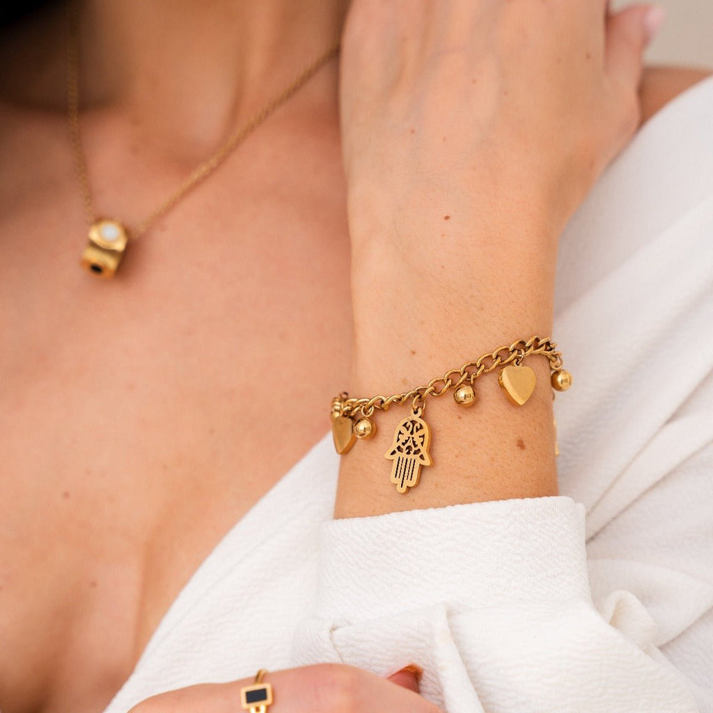 Heart and Hamsa Pendant Bracelet Plated in 18K Gold