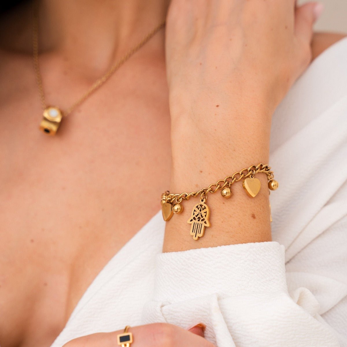 Heart and Hamsa Pendant Bracelet Plated in 18K Gold