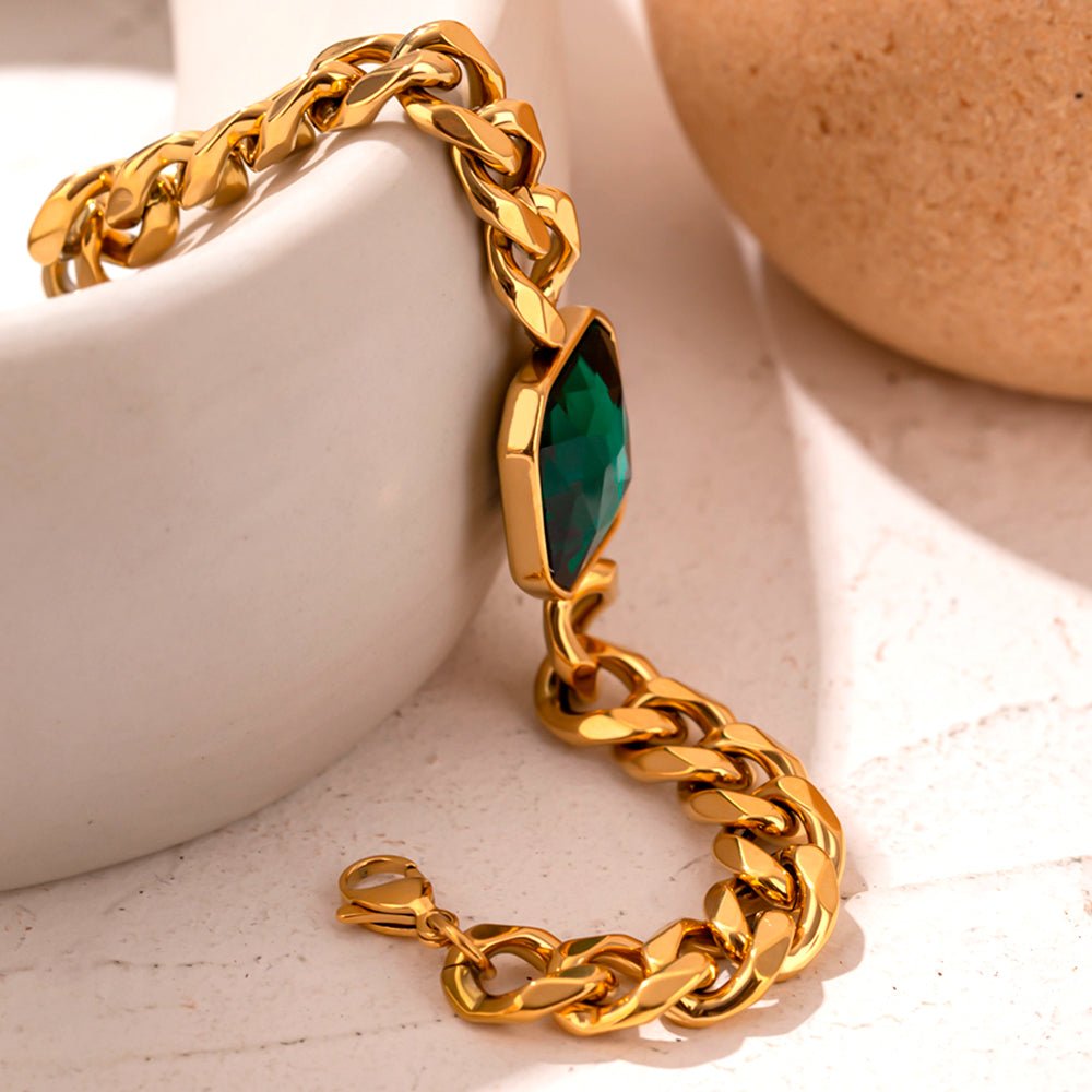 Rich Bracelet Green Emerald Stone 18k Gold Plated